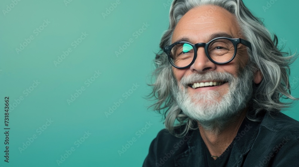 Happy man with gray hair and beard wearing glasses smiling against a teal background.