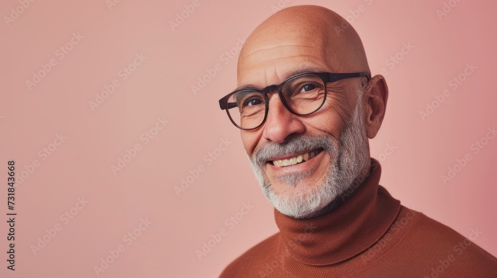 Smiling older man with glasses and white beard wearing brown turtleneck against pink background. Smiling older man with glasses and white beard wearing brown turtleneck against pink background.
