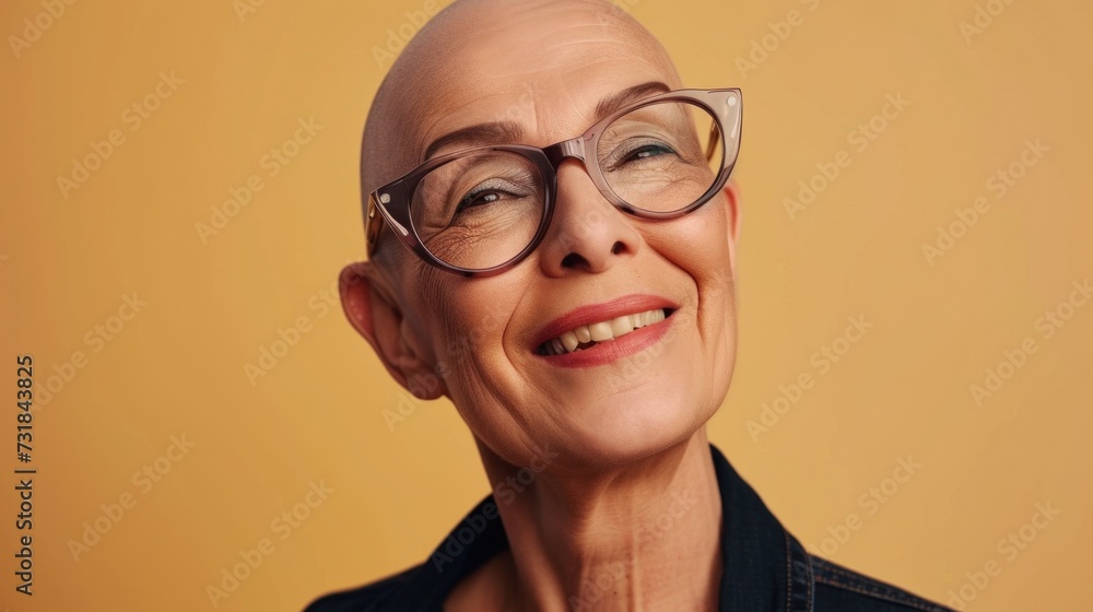 Smiling elderly woman with glasses bald head and a yellow background. Smiling elderly woman with glasses bald head and a yellow background.