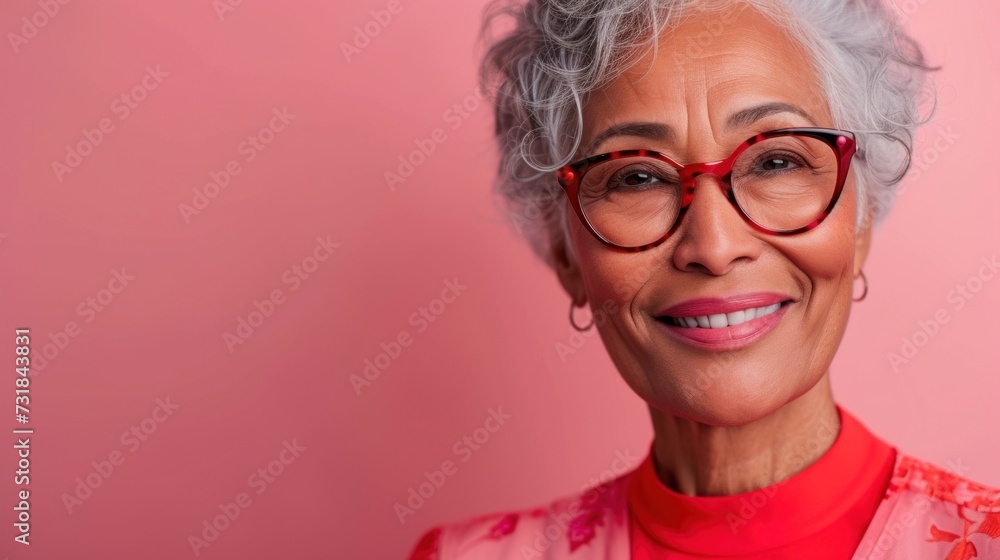 A smiling elderly woman with gray hair wearing red glasses and a red top against a pink background. A smiling elderly woman with gray hair wearing red glasses and a red top against a pink background.