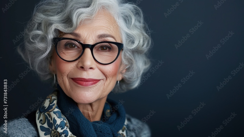 A smiling elderly woman with curly gray hair wearing glasses and a blue scarf against a dark background. A smiling elderly woman with curly gray hair wearing glasses and a blue scarf against a dark background.