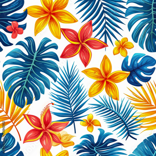 Tropic Flower and Leaf  seamless Tile pattern  ai generated