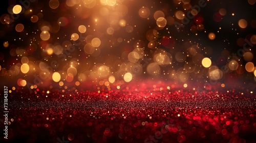 Festive template with golden bokeh lights and red floor on dark background 