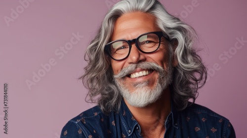 Smiling man with gray hair and beard wearing glasses and a blue patterned shirt against a pink background.