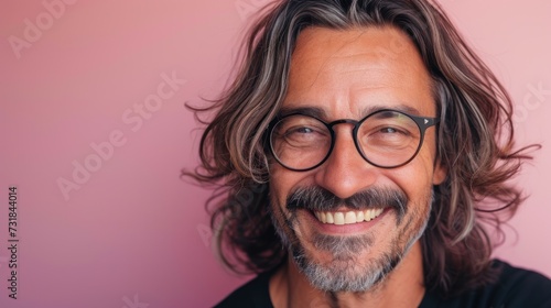 Smiling man with long hair and glasses wearing a black shirt against a pink background.