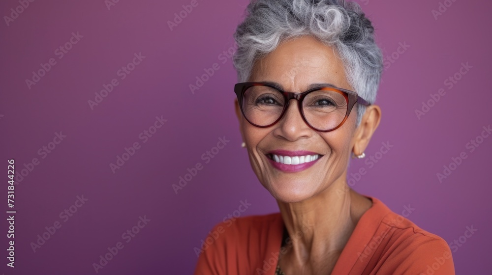 Smiling woman with gray hair and glasses wearing a red top against a purple background.