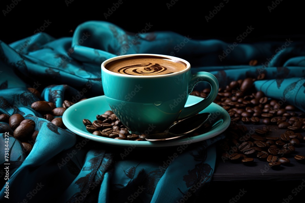 Obraz premium a glass of coffee drink surrounded with the best quality roasted coffee beans on a black background