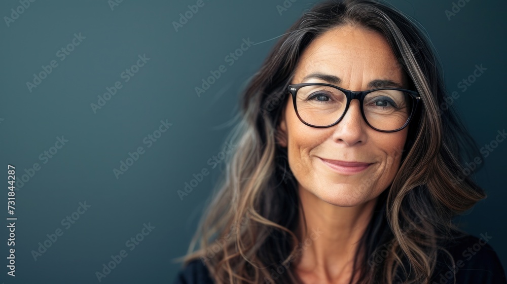 A woman with a warm smile wearing glasses and having long brown hair against a blue background.