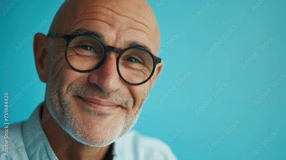 A bald man with glasses smiling at the camera against a blue background.