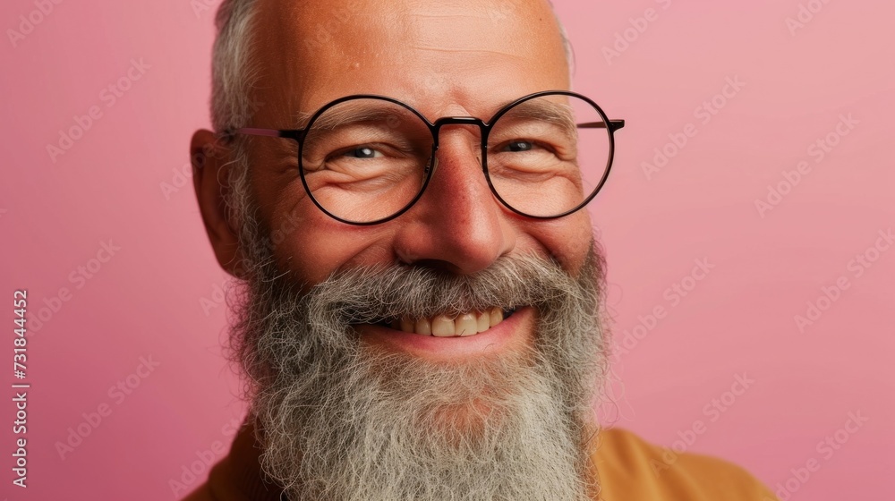 A cheerful man with a gray beard and glasses smiling against a pink background. A cheerful man with a gray beard and glasses smiling against a pink background.