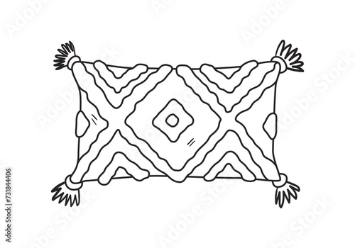 Hand drawn decorative cushion in boho style. Outline drawing of trendy pillow for couch and bed. Black pillowcase silhouette. Vector graphic