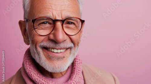 Smiling elderly man with white hair wearing glasses and a pink scarf against a pink background.