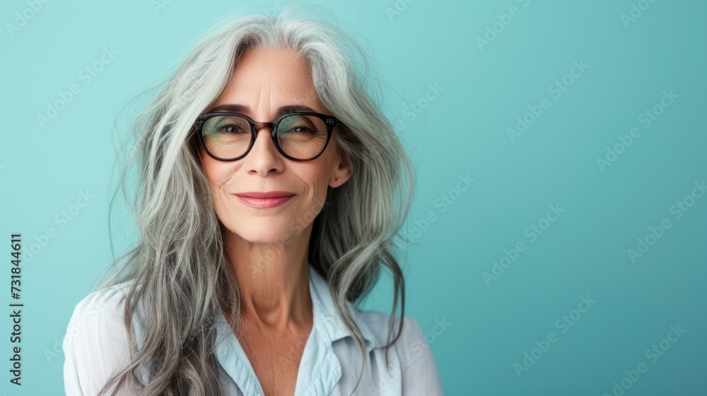 A woman with gray hair and glasses wearing a white blouse smiling against a light blue background. A woman with gray hair and glasses wearing a white blouse smiling against a light blue background.