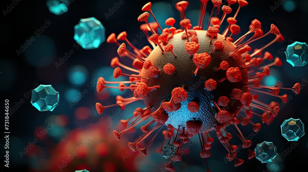 green, red and blue coronavirus surrounded by red fluorescent dots, in the style of dark azure and gold, green, red and blue coronavirus surrounded by red fluorescent dots, in the style of dark azure and gold,