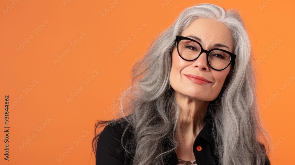 Gray-haired woman with glasses smiling against orange background.
