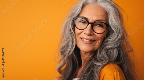A smiling elderly woman with gray hair and glasses wearing an orange top against a vibrant orange background.