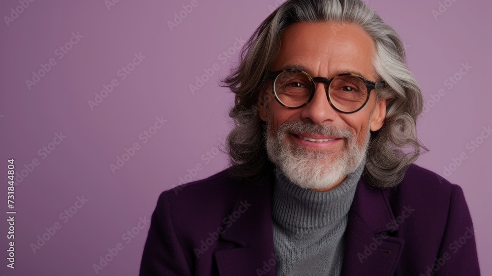 Smiling man with gray hair beard and glasses wearing a purple blazer over a gray turtleneck against a purple background.