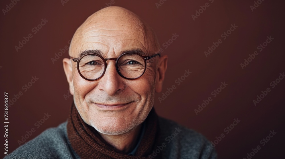 Bald man with glasses and scarf smiling against a red background. Bald man with glasses and scarf smiling against a red background.