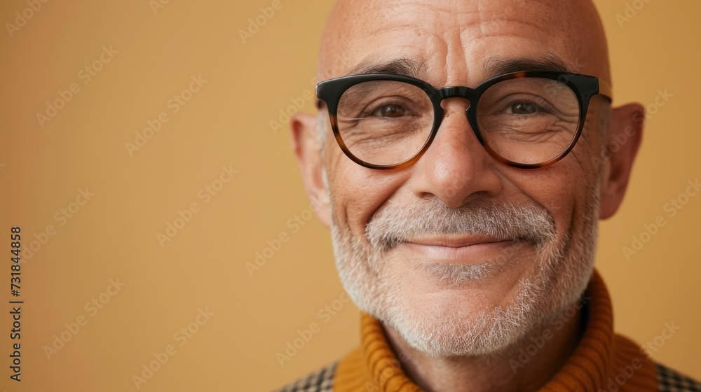 A bald man with a gray beard and mustache wearing glasses and a brown turtleneck smiling at the camera against a yellow background. A bald man with a gray beard and mustache wearing glasses and a brown turtleneck smiling at the camera against a yellow background.