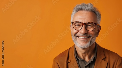 Smiling man with gray hair wearing glasses and a brown jacket against an orange background. photo