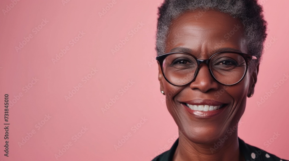 Smiling woman with short gray hair wearing glasses and a black and white polka dot shirt against a pink background. Smiling woman with short gray hair wearing glasses and a black and white polka dot shirt against a pink background.