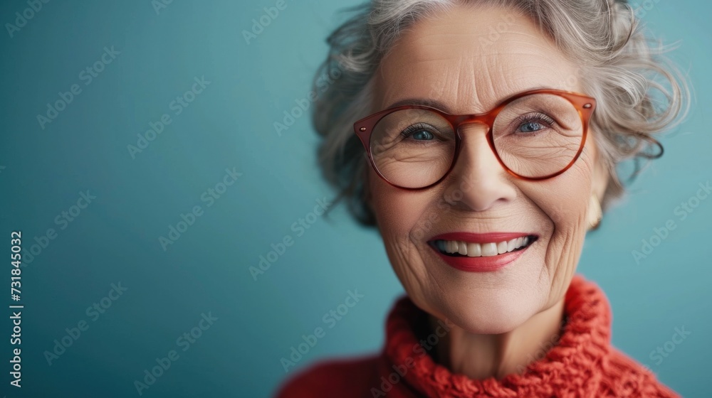 Woman with gray hair wearing glasses smiling and wearing a red sweater. Woman with gray hair wearing glasses smiling and wearing a red sweater.
