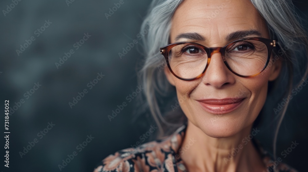 A woman with gray hair wearing glasses smiling gently with a hint of a blush on her cheeks against a soft-focus background. A woman with gray hair wearing glasses smiling gently with a hint of a blush on her cheeks against a soft-focus background.