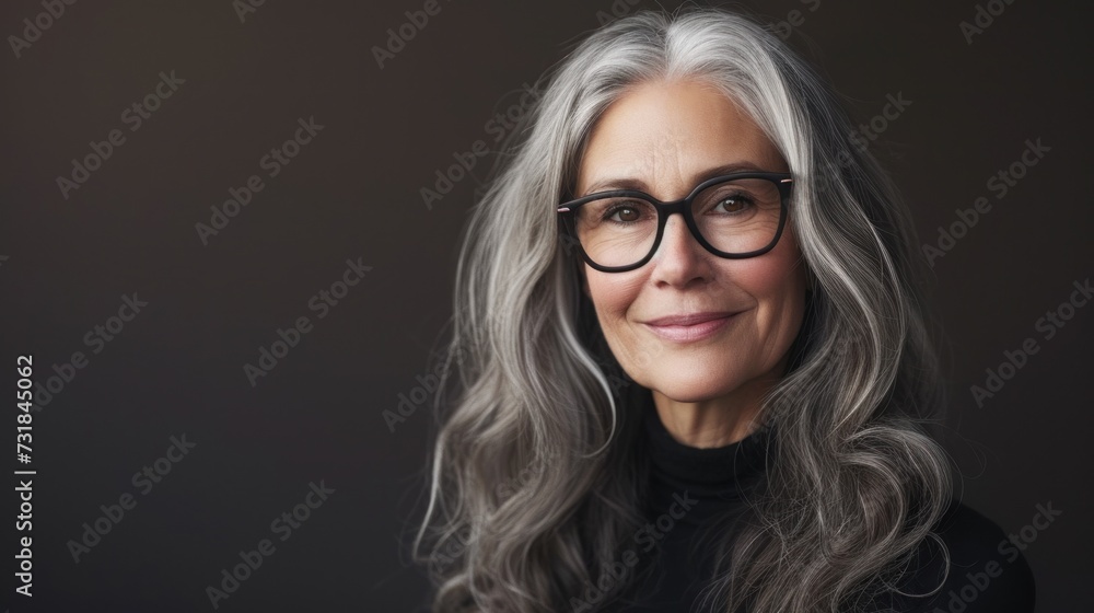 Woman with gray hair wearing glasses smiling and dressed in a black turtleneck. Woman with gray hair wearing glasses smiling and dressed in a black turtleneck.