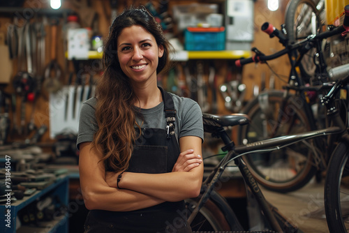 Confident female bicycle repairman standing in her office