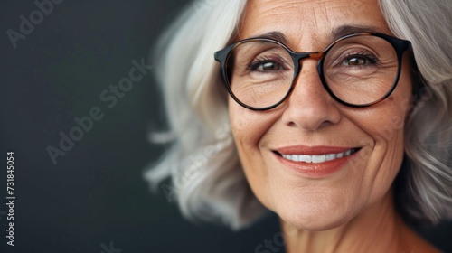 Smiling woman with gray hair and glasses looking directly at the camera.