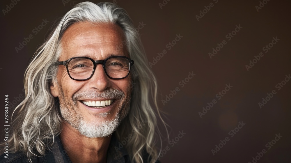 Smiling man with gray hair beard and glasses against a blurred background. Smiling man with gray hair beard and glasses against a blurred background.