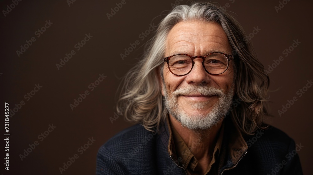 A man with gray hair a beard and glasses wearing a dark jacket smiling gently against a blurred background. A man with gray hair a beard and glasses wearing a dark jacket smiling gently against a blurred background.