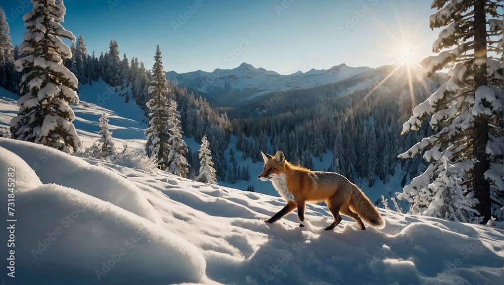 Obraz premium Fox walks through the snow in the snowy mountains