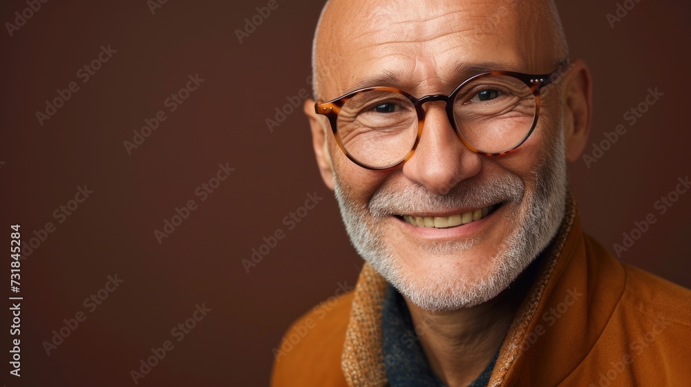 Smiling man with glasses and white beard wearing brown jacket against blurred background. Smiling man with glasses and white beard wearing brown jacket against blurred background.