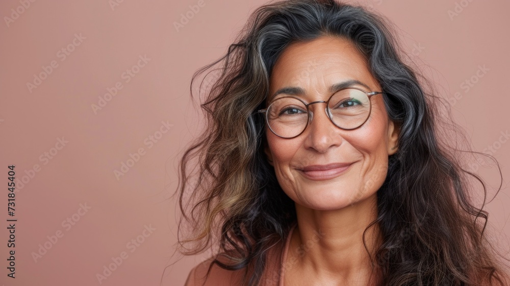 Smiling woman with glasses and long wavy hair against a soft pink background. Smiling woman with glasses and long wavy hair against a soft pink background.