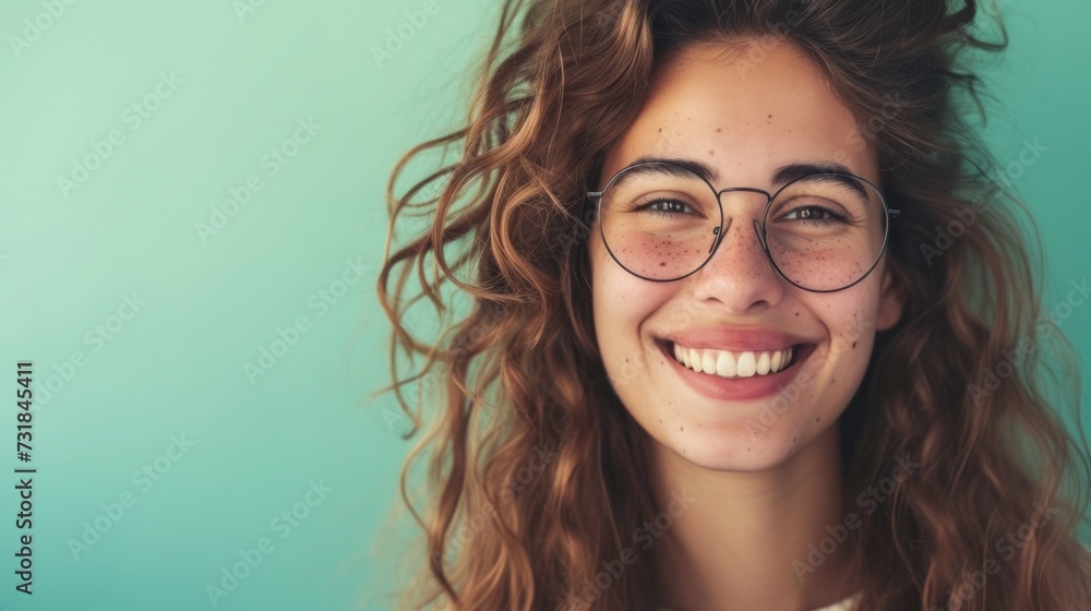 Obraz premium Smiling woman with curly hair and glasses against a light blue background.
