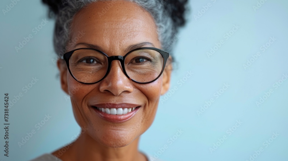 Smiling woman with gray hair and glasses against a light blue background. Smiling woman with gray hair and glasses against a light blue background.