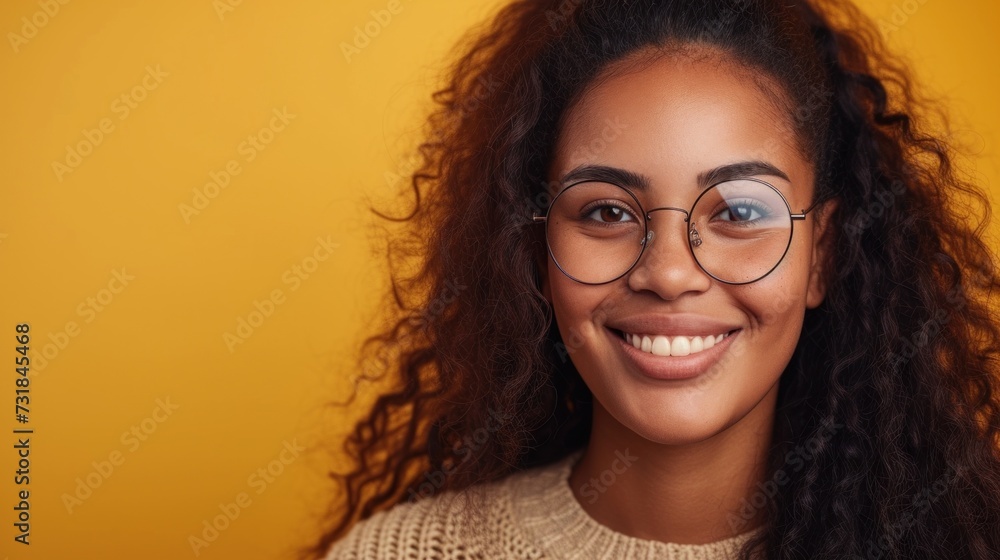 Smiling woman with curly hair and glasses wearing a beige sweater against a yellow background.
