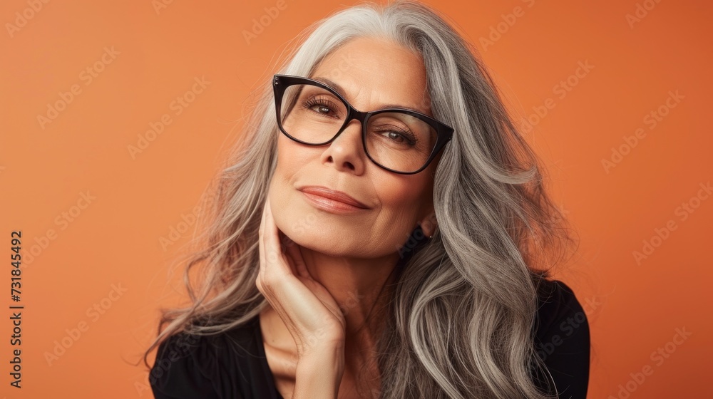 Obraz premium A woman with gray hair and glasses smiling gently resting her chin on her hand against an orange background.