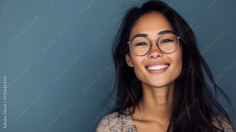 Smiling woman with glasses and long hair against a blue background. Smiling woman with glasses and long hair against a blue background.