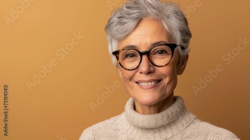 Woman with gray hair wearing glasses and a white turtleneck smiling against a warm yellow background.