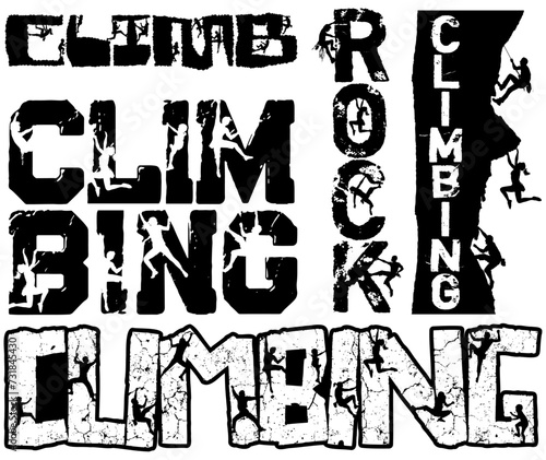 People man woman and children climbers silhouette, rock free climbing vector collection