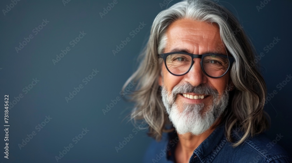 A man with a gray beard long hair and glasses smiling at the camera against a blue background. A man with a gray beard long hair and glasses smiling at the camera against a blue background.