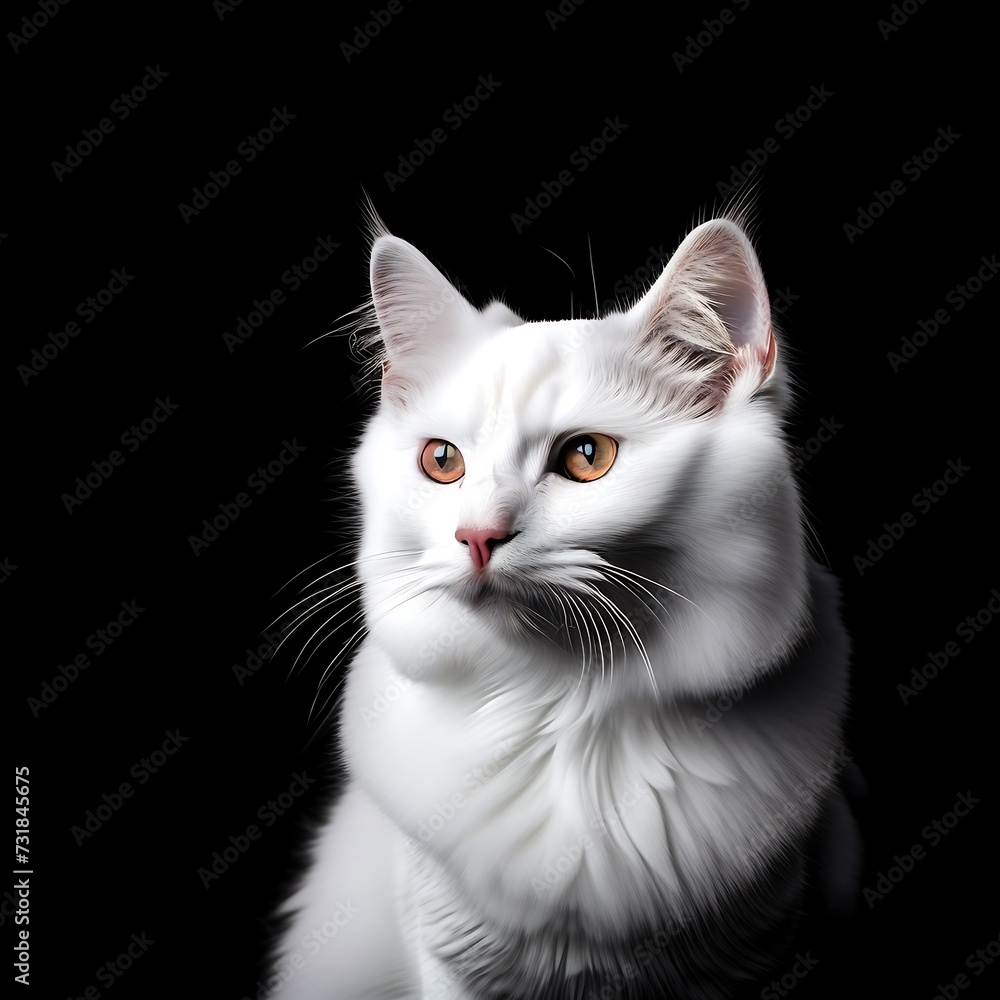 white cat portrait isolated on black background