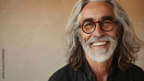Smiling elderly man with white hair and glasses wearing a dark shirt against a soft-focus beige background.