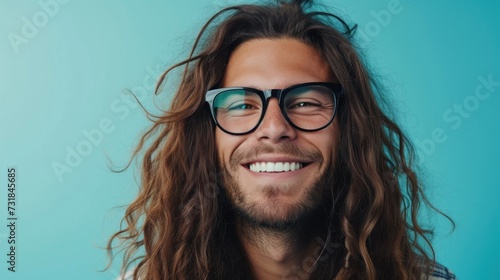 Smiling man with long curly hair and glasses against blue background.