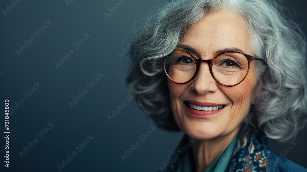Elegant older woman with gray hair wearing glasses smiling against a blue background.