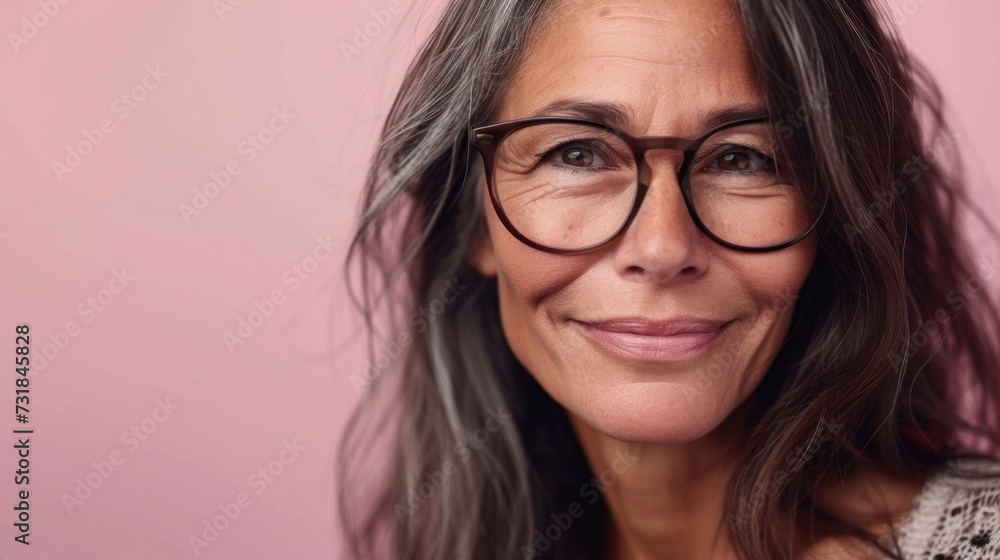 A woman with gray hair wearing glasses smiling against a pink background.