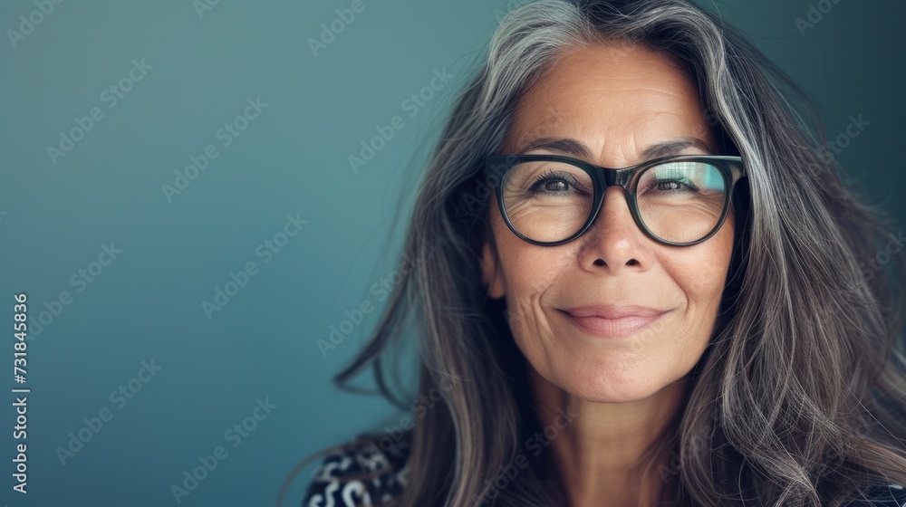 A woman with gray hair and glasses smiling gently against a blue background. A woman with gray hair and glasses smiling gently against a blue background.