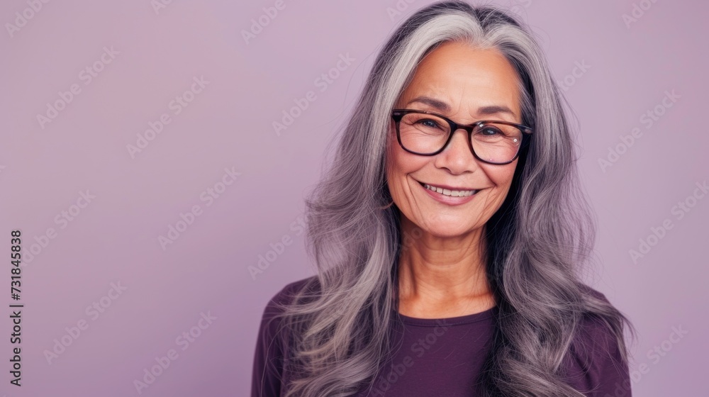 A smiling woman with gray hair wearing glasses and a purple top against a soft purple background.